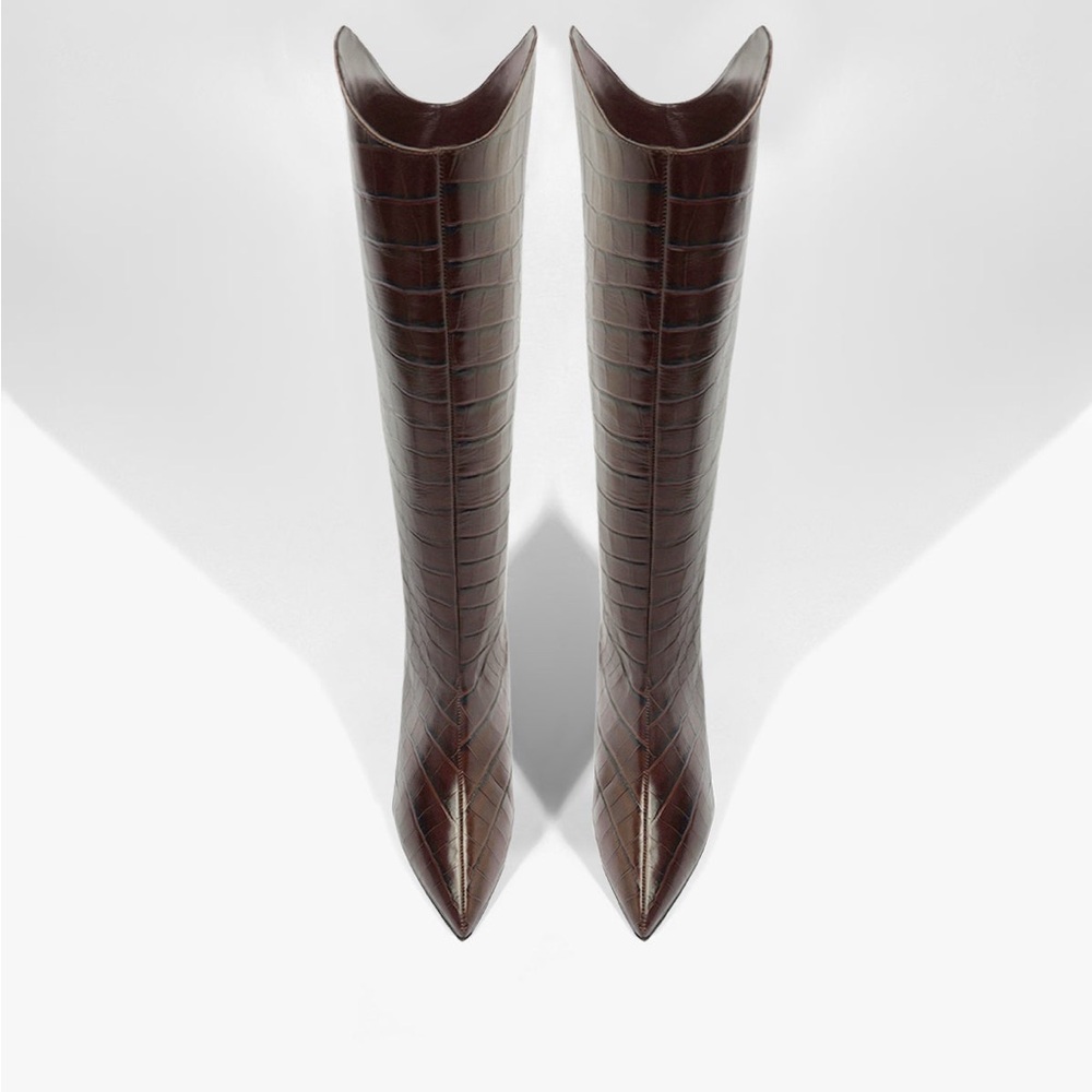Schutz Maryana Lo Crocodile Embossed Leather brown Knee-High Boots- FLAW 9.5 - Picture 2 of 9